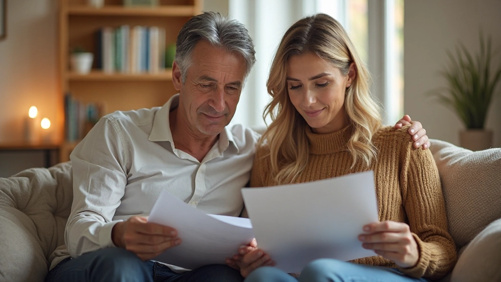 Couple discussing financial goals and retirement planning at home with documents