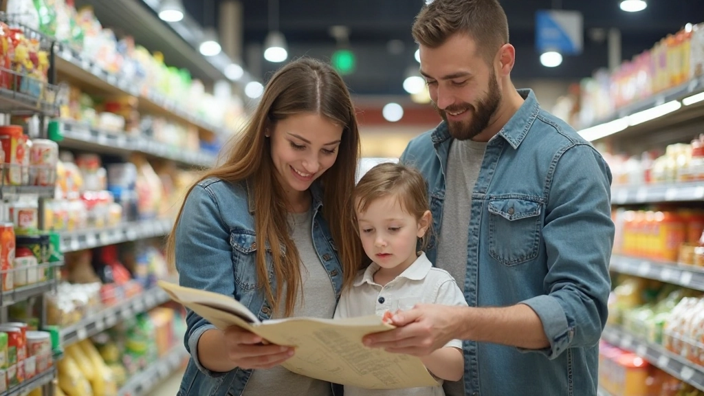 Family shopping in supermarket with list, comparing prices and selecting budget-friendly products