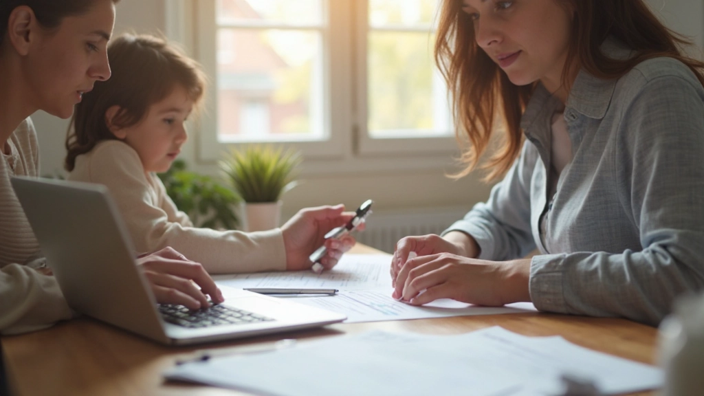 Семья планирует бюджет за столом с ноутбуком и документами
