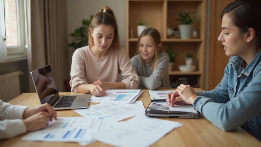 Семья планирует бюджет за столом с использованием ноутбука и планировщика