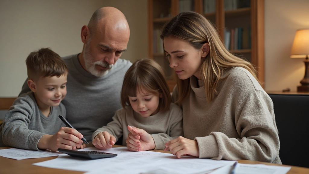 Семья планирует семейный бюджет за столом с калькулятором и финансовыми документами