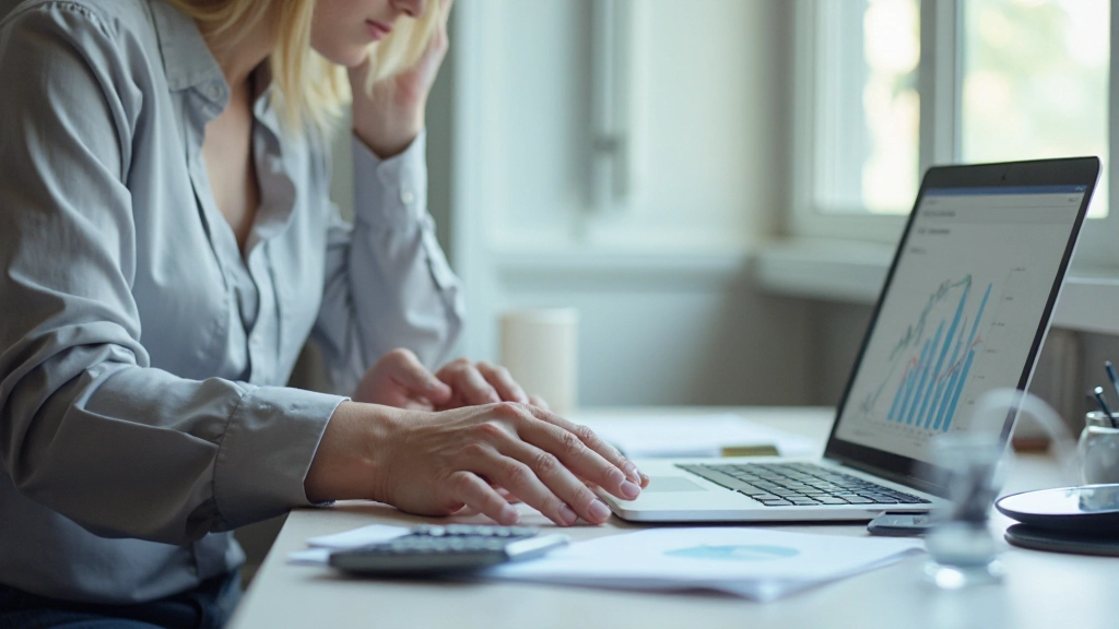 Профессиональный финансовый консультант анализирует графики инвестиций на ноутбуке, рабочий стол с документами и калькулятором