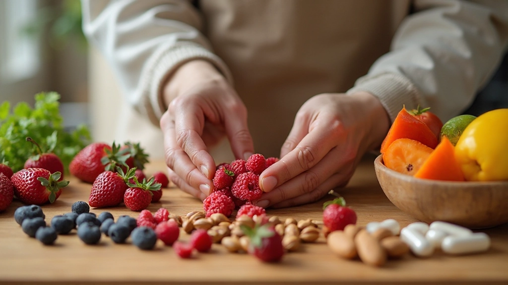 Здоровый завтрак с фруктами, овощами, орехами и добавками на деревянном столе