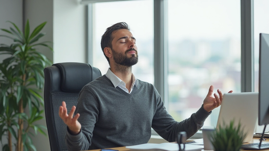 Человек в офисе делает перерыв на медитацию, сидит в кресле у окна с естественным освещением