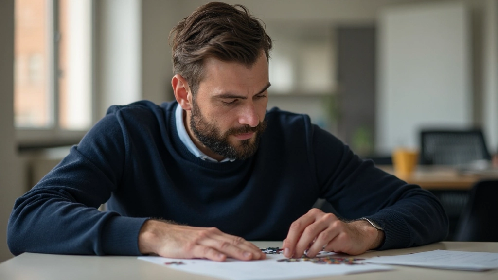Человек решает сложные головоломки за столом с карандашом и бумагой