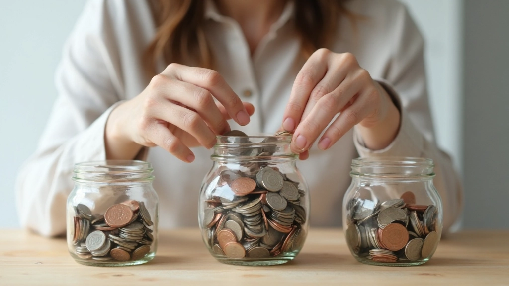 Человек организует монеты и банкноты в прозрачные контейнеры для сбережений на разные цели