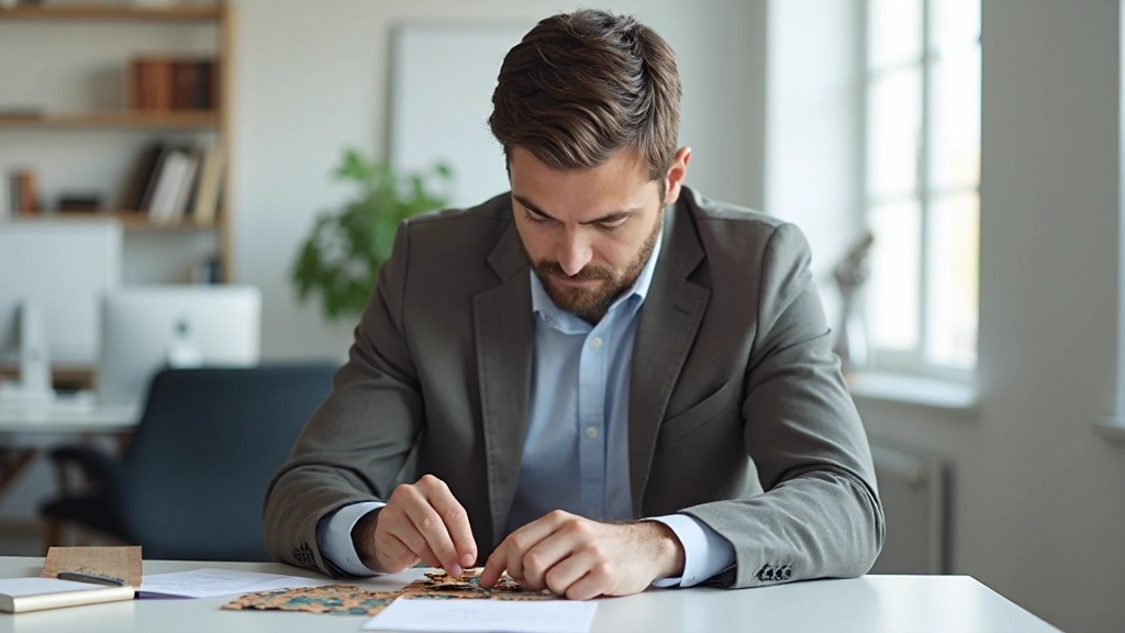 Человек решает сложную головоломку за столом, демонстрируя когнитивные упражнения