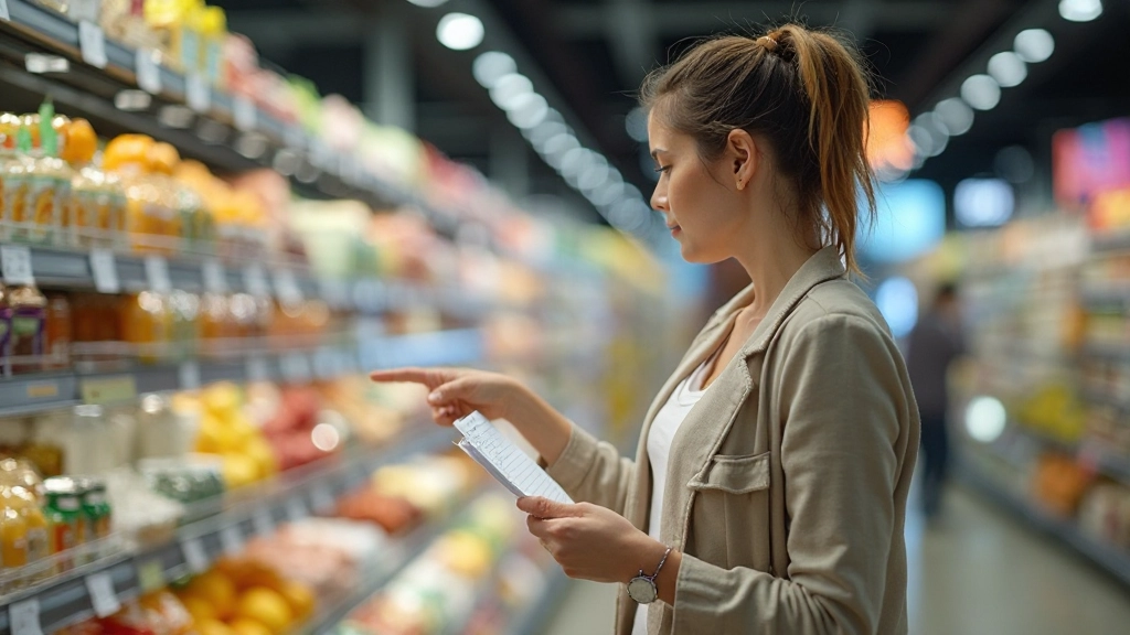 Покупатель выбирает продукты в супермаркете с списком