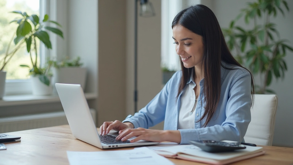 Профессиональная женщина анализирует месячный бюджет с ноутбуком и калькулятором на столе