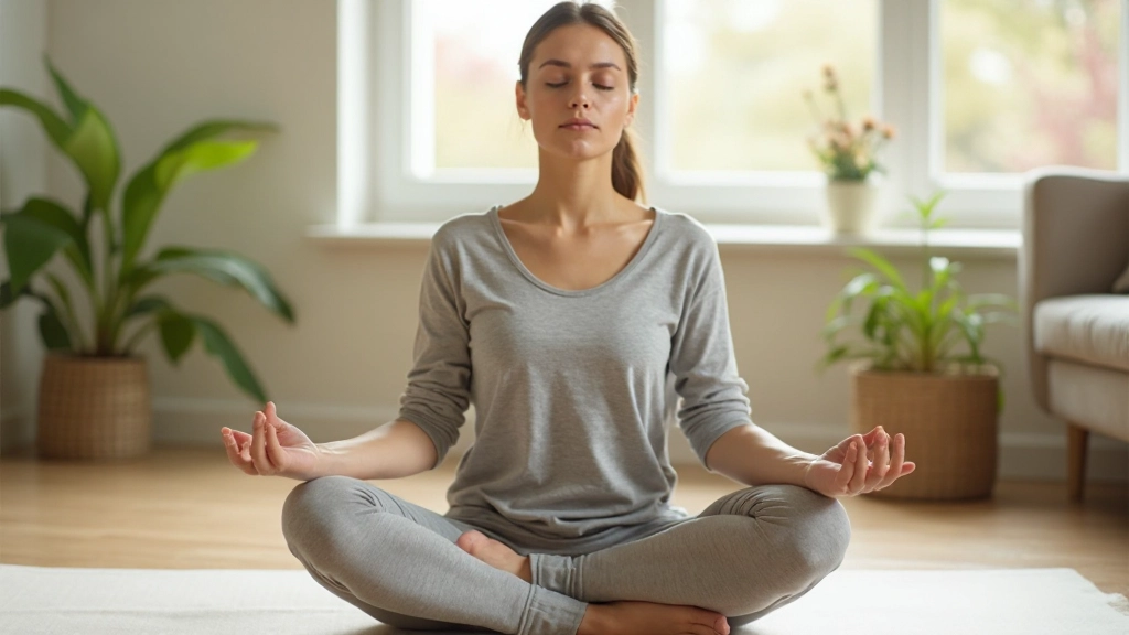 Спокойная медитация в домашней обстановке с мягким естественным светом и растениями