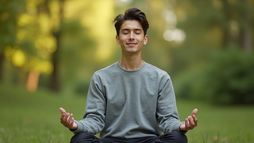 Человек медитирует в спокойной обстановке, сидя с закрытыми глазами на природе